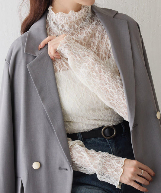彈力蕾絲立領套頭上衣