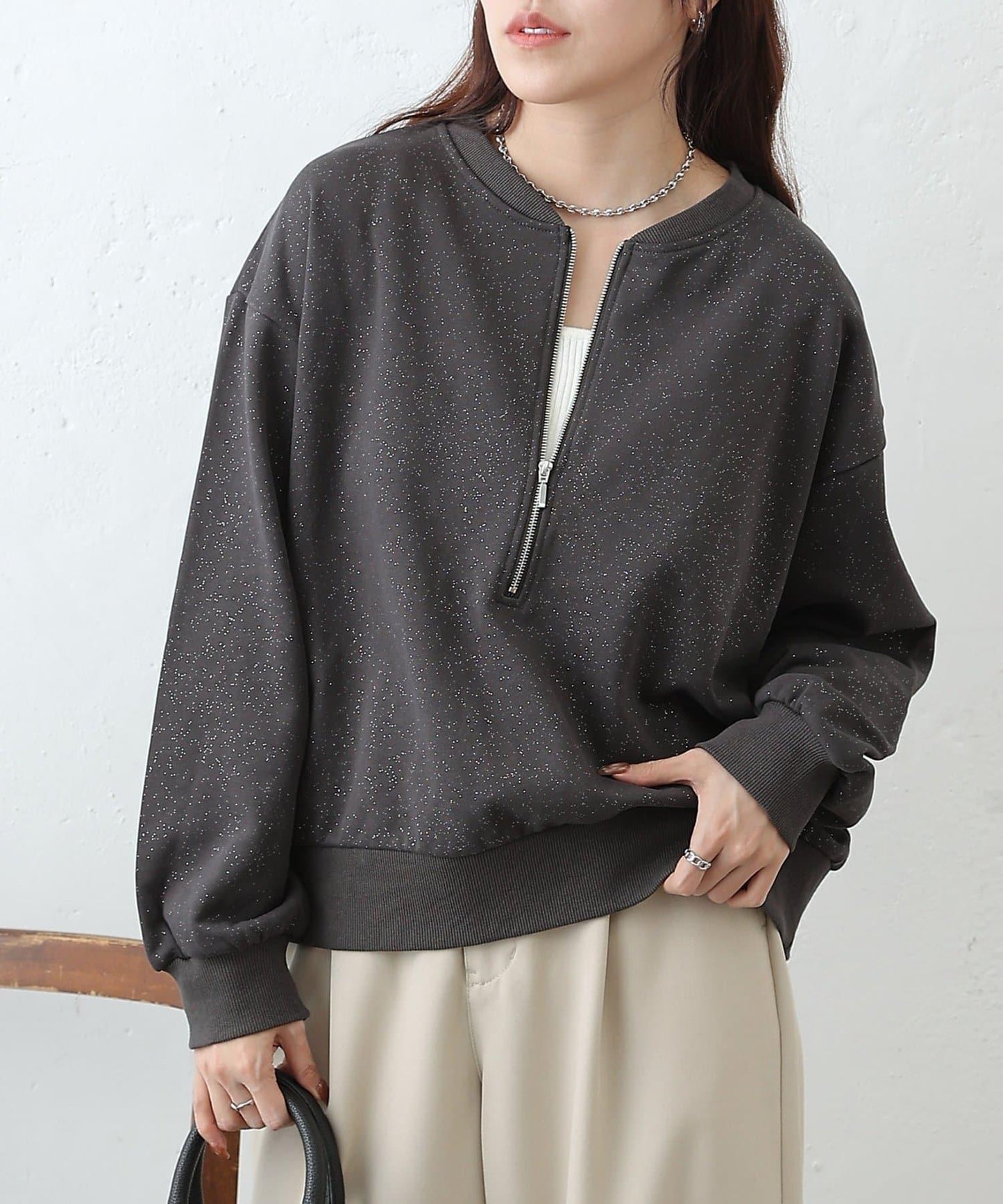 亮絲毛圈半拉鍊套頭衛衣