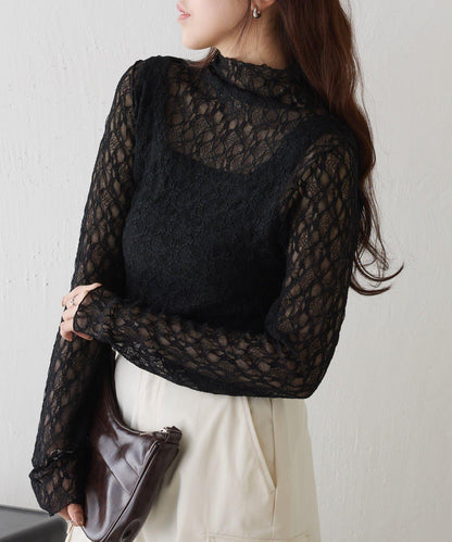 彈力蕾絲立領套頭上衣