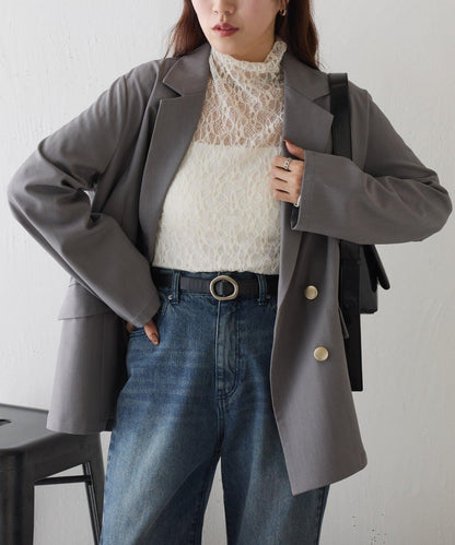 彈力蕾絲立領套頭上衣