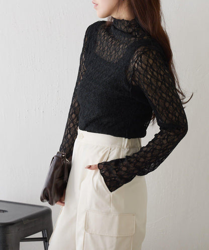 彈力蕾絲立領套頭上衣
