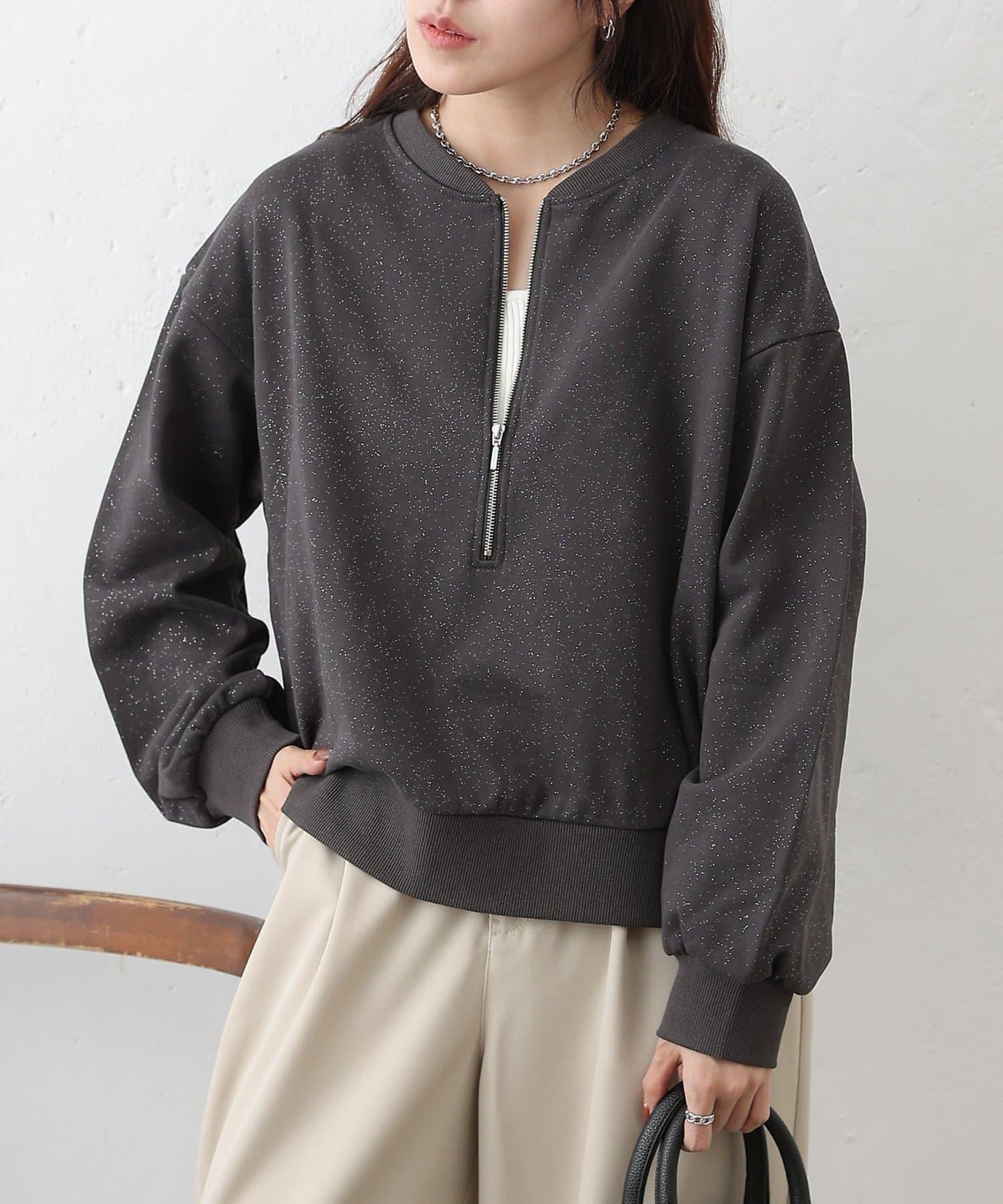 亮絲毛圈半拉鍊套頭衛衣
