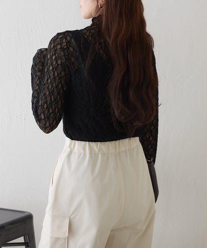 彈力蕾絲立領套頭上衣