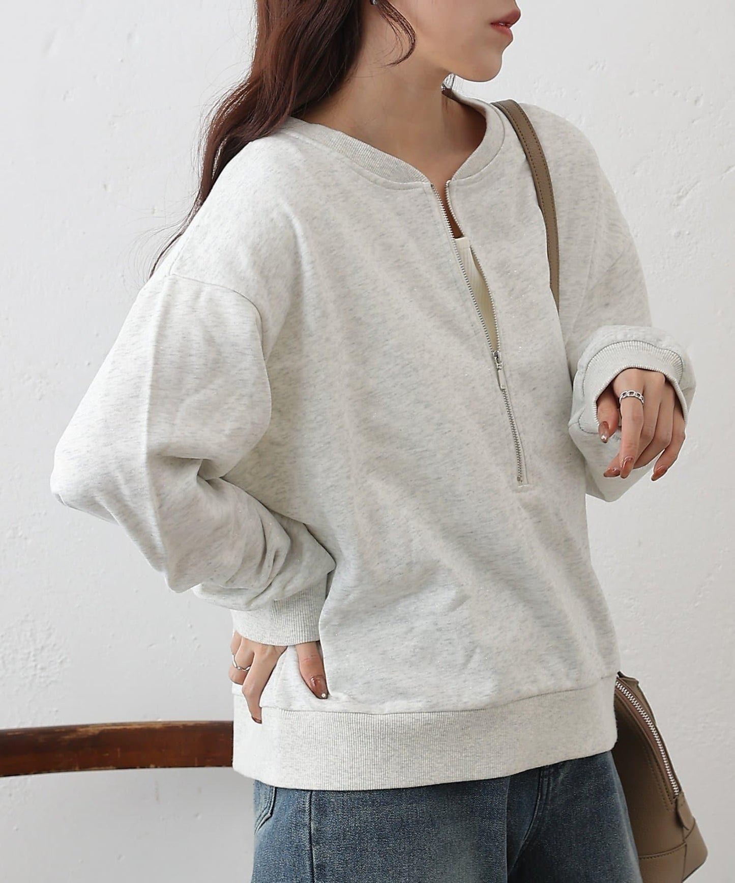 亮絲毛圈半拉鍊套頭衛衣