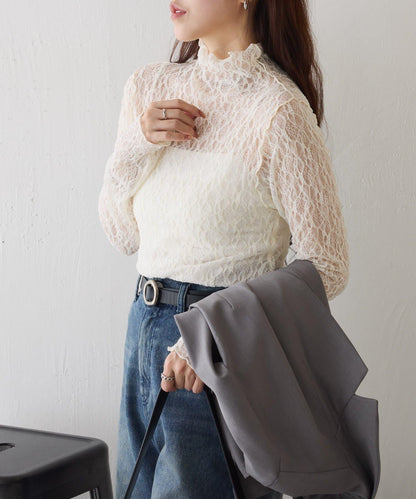 彈力蕾絲立領套頭上衣