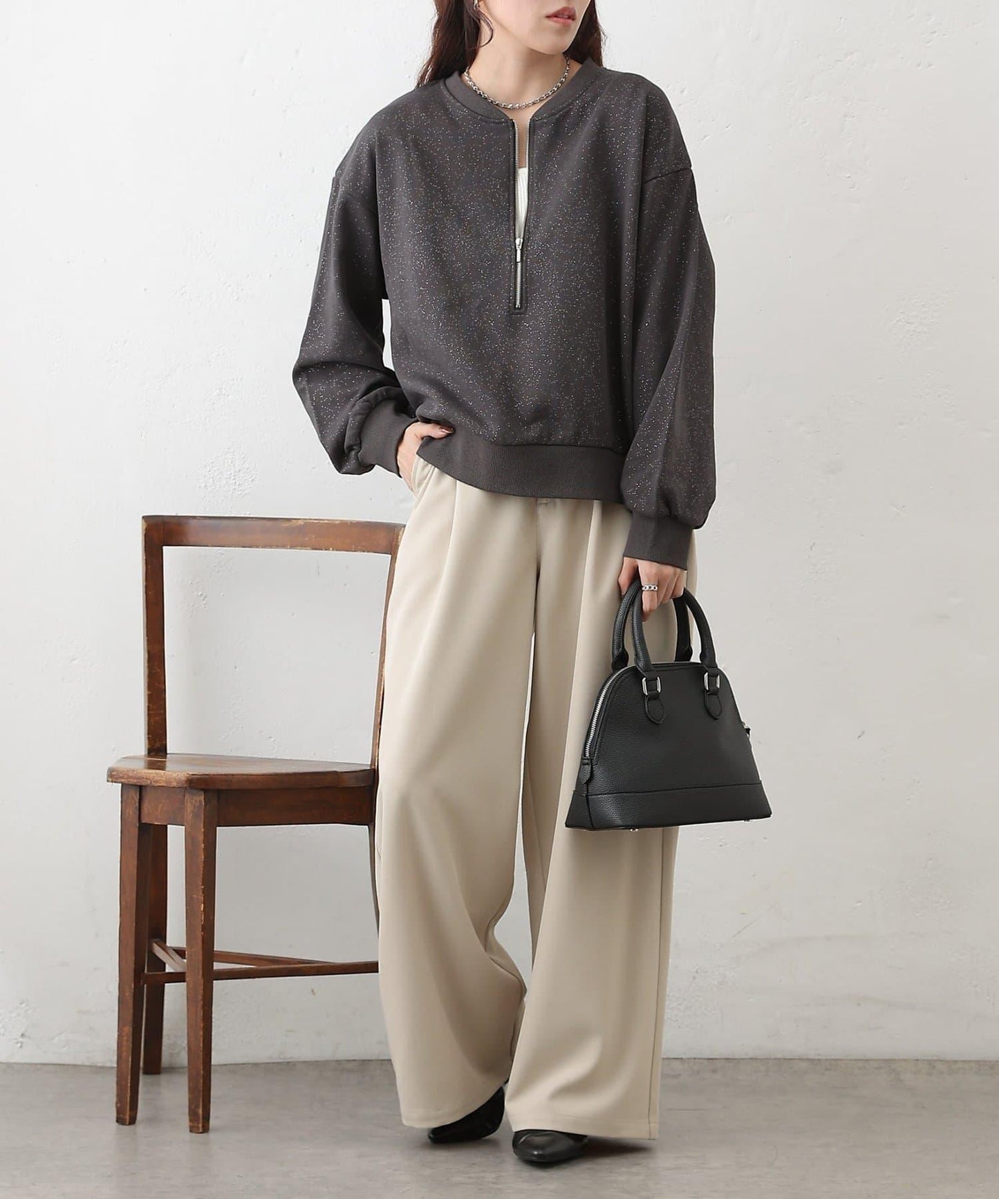 亮絲毛圈半拉鍊套頭衛衣