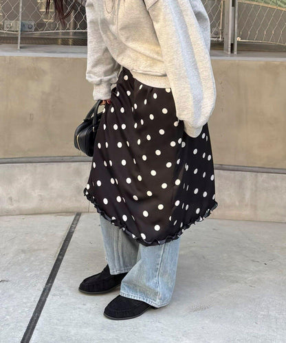 緞面波點中長半身裙