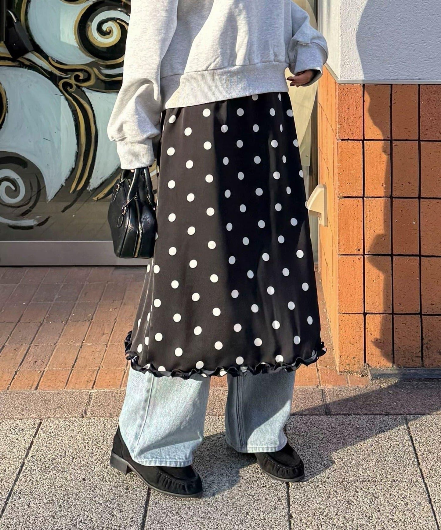 緞面波點中長半身裙