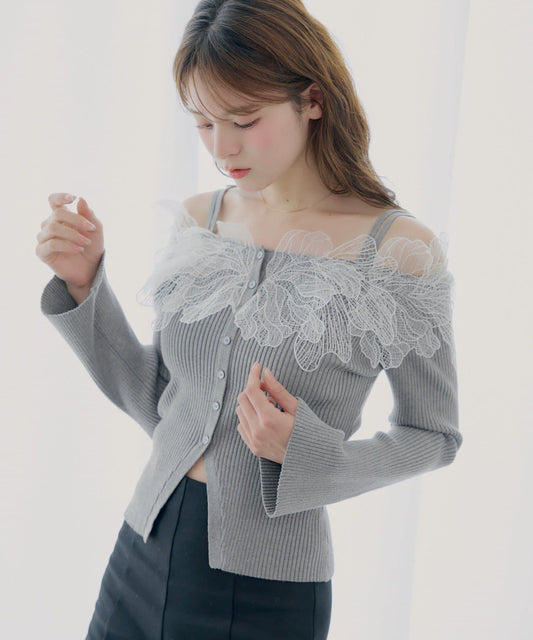 花朵蕾絲露肩羅紋設計針織上衣