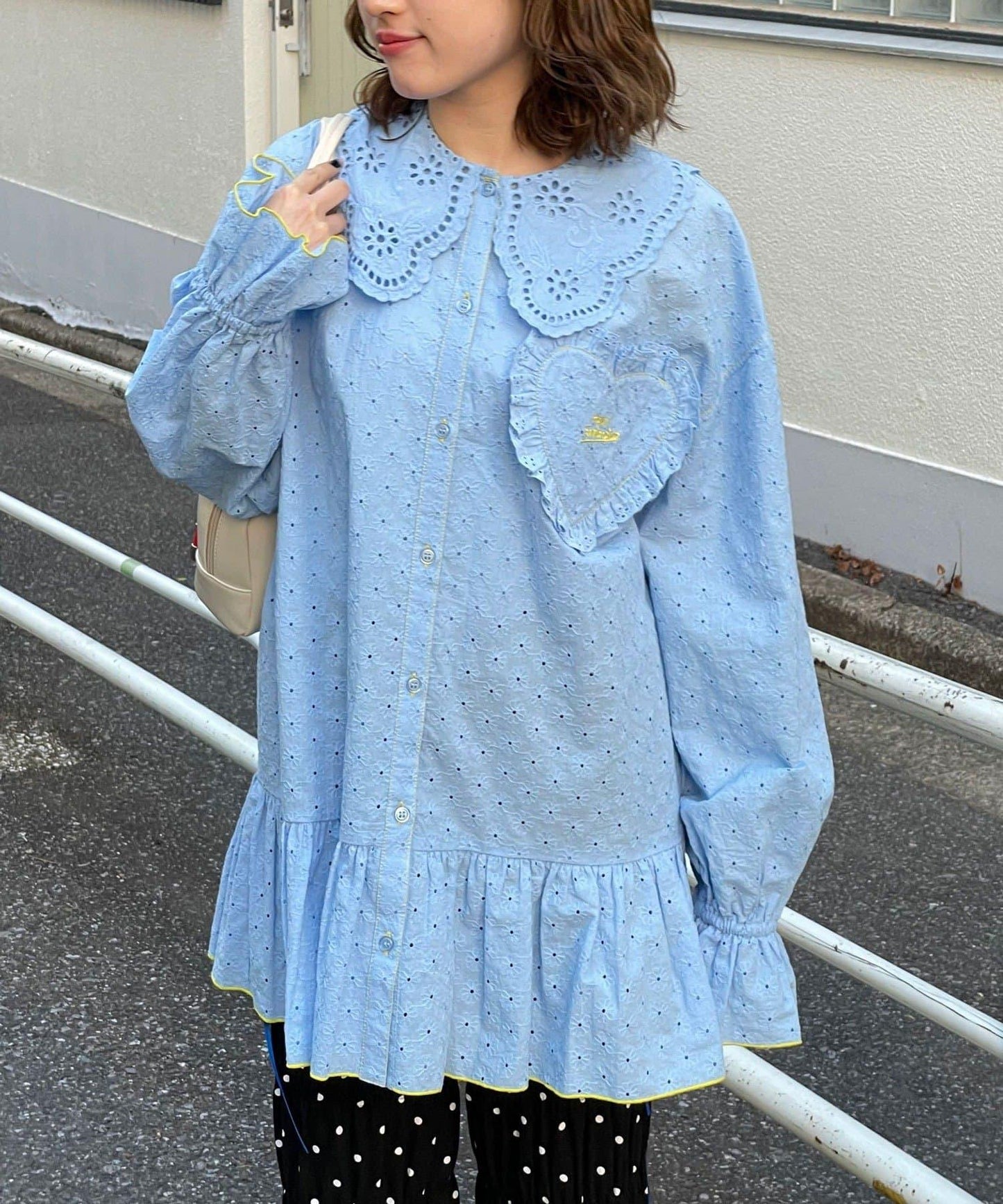 HELLO.SANFRANCISCO 荷葉蕾絲設計 寬鬆長款襯衫