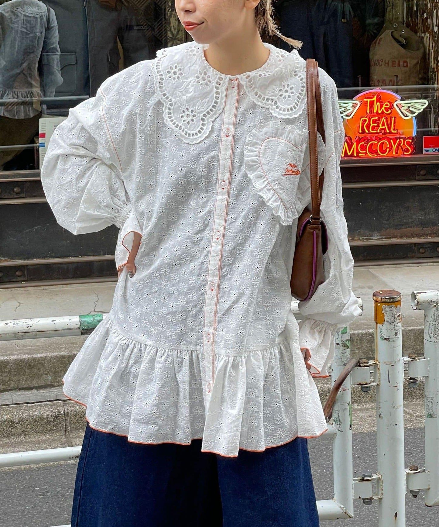 HELLO.SANFRANCISCO 荷葉蕾絲設計 寬鬆長款襯衫