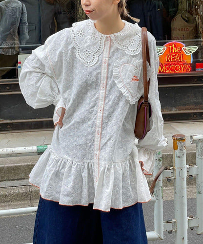 HELLO.SANFRANCISCO 荷葉蕾絲設計 寬鬆長款襯衫