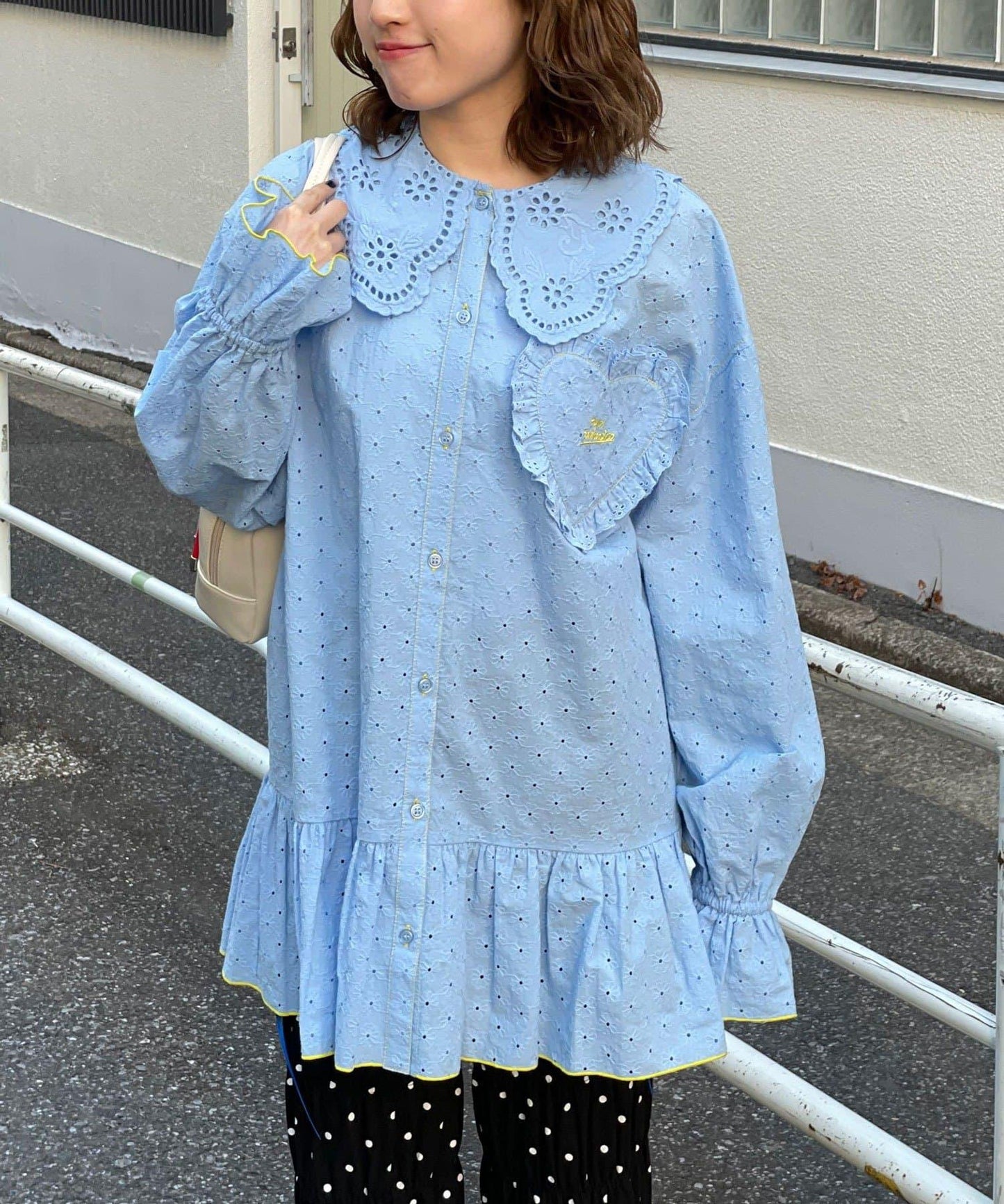 HELLO.SANFRANCISCO 荷葉蕾絲設計 寬鬆長款襯衫