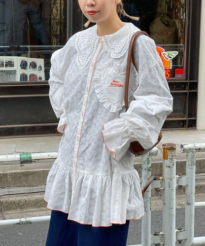 HELLO.SANFRANCISCO 荷葉蕾絲設計 寬鬆長款襯衫