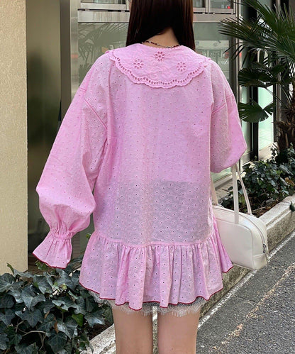 HELLO.SANFRANCISCO 荷葉蕾絲設計 寬鬆長款襯衫