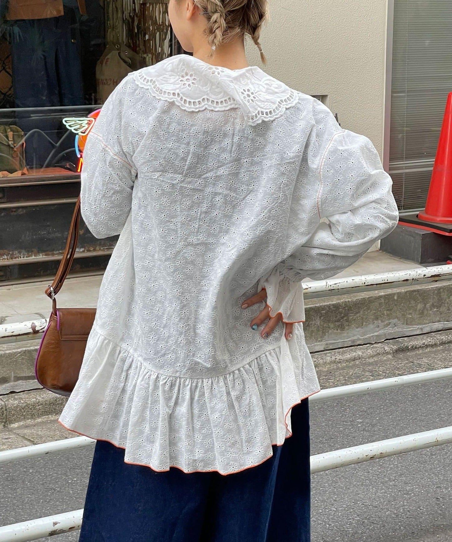 HELLO.SANFRANCISCO 荷葉蕾絲設計 寬鬆長款襯衫