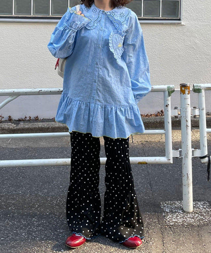 HELLO.SANFRANCISCO 荷葉蕾絲設計 寬鬆長款襯衫