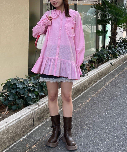 HELLO.SANFRANCISCO 荷葉蕾絲設計 寬鬆長款襯衫