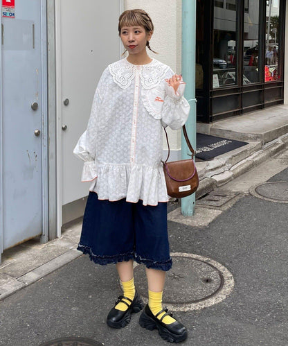 HELLO.SANFRANCISCO 荷葉蕾絲設計 寬鬆長款襯衫