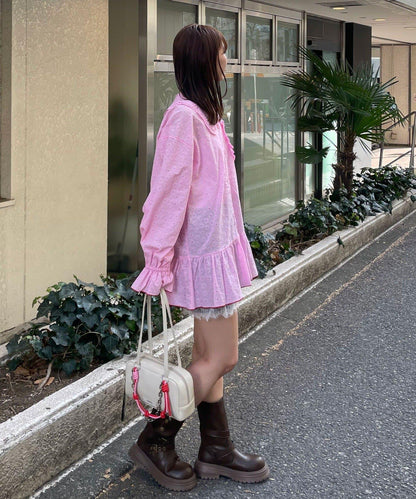 HELLO.SANFRANCISCO 荷葉蕾絲設計 寬鬆長款襯衫