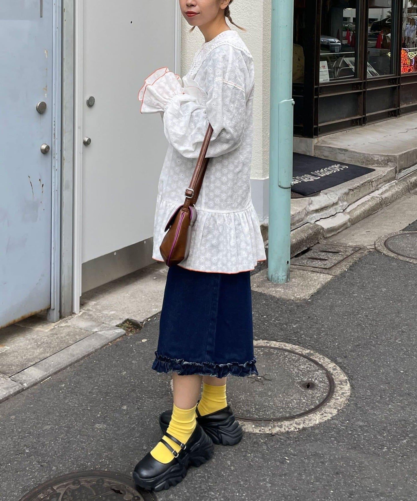 HELLO.SANFRANCISCO 荷葉蕾絲設計 寬鬆長款襯衫