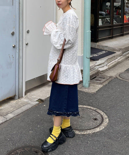 HELLO.SANFRANCISCO 荷葉蕾絲設計 寬鬆長款襯衫