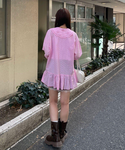 HELLO.SANFRANCISCO 荷葉蕾絲設計 寬鬆長款襯衫