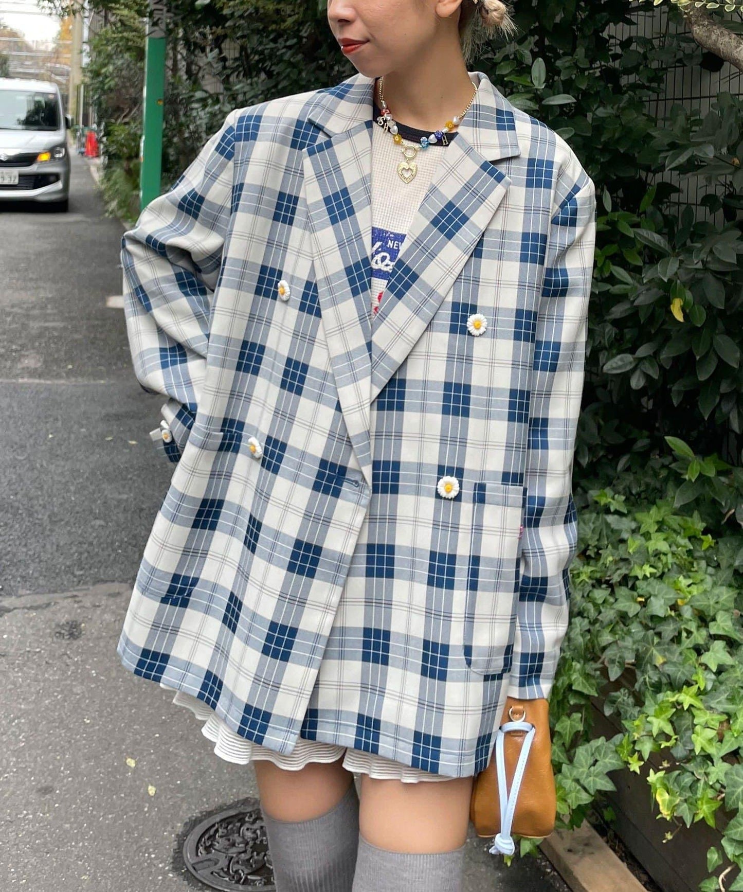 HELLO.SANFRANCISCO 花形紐扣格紋寬鬆夾克