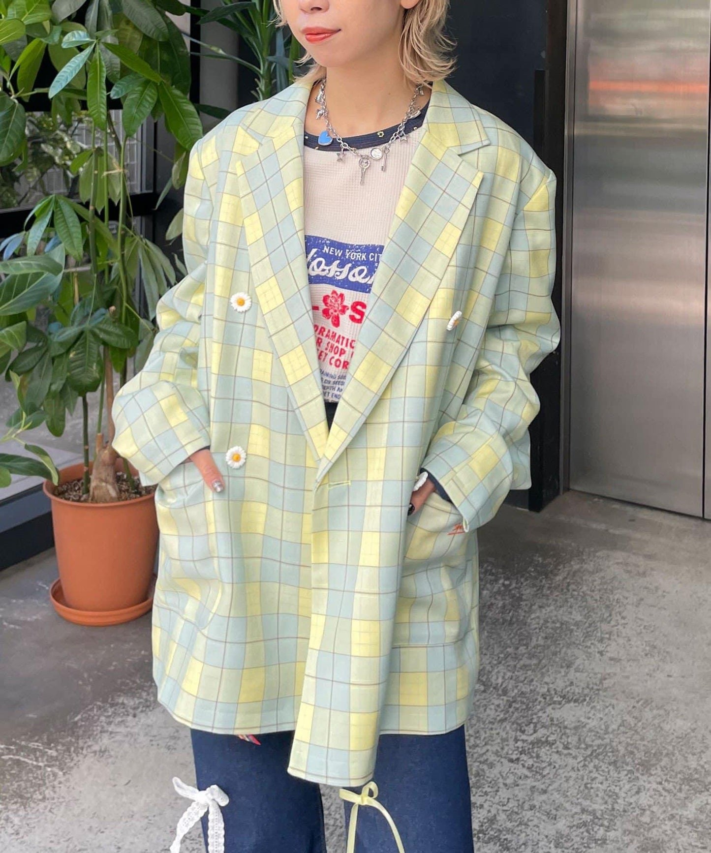 HELLO.SANFRANCISCO 花形紐扣格紋寬鬆夾克