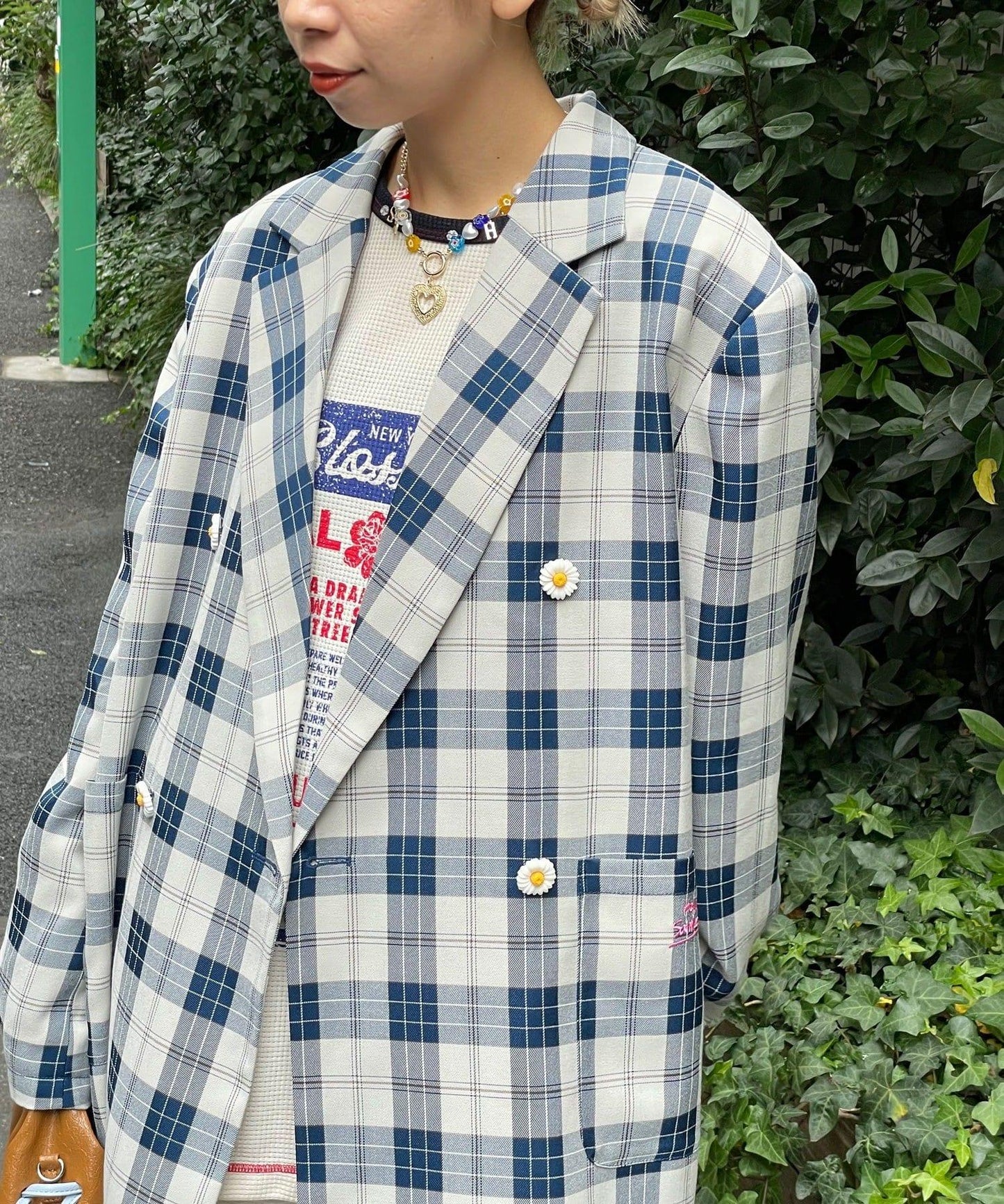 HELLO.SANFRANCISCO 花形紐扣格紋寬鬆夾克