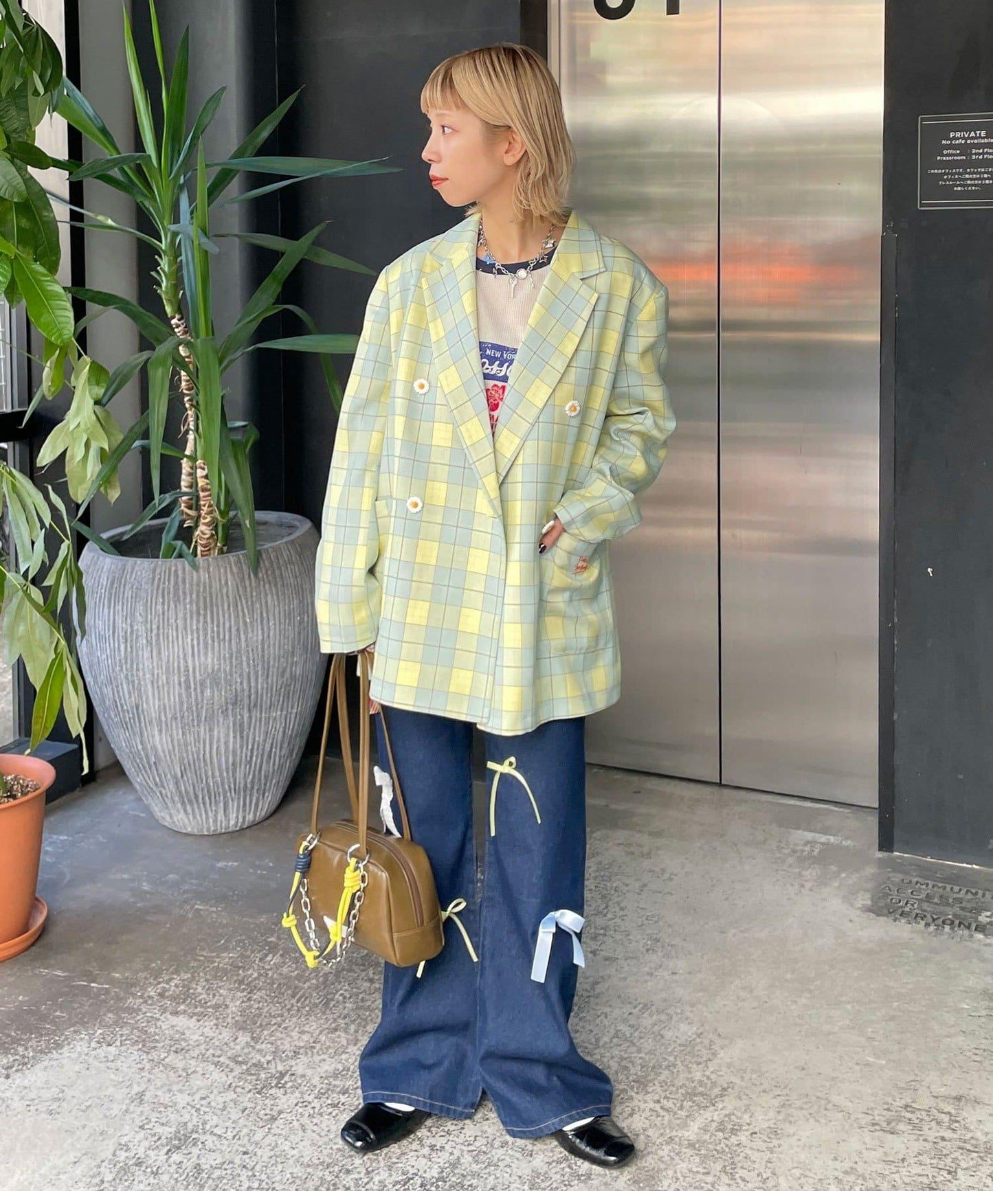 HELLO.SANFRANCISCO 花形紐扣格紋寬鬆夾克