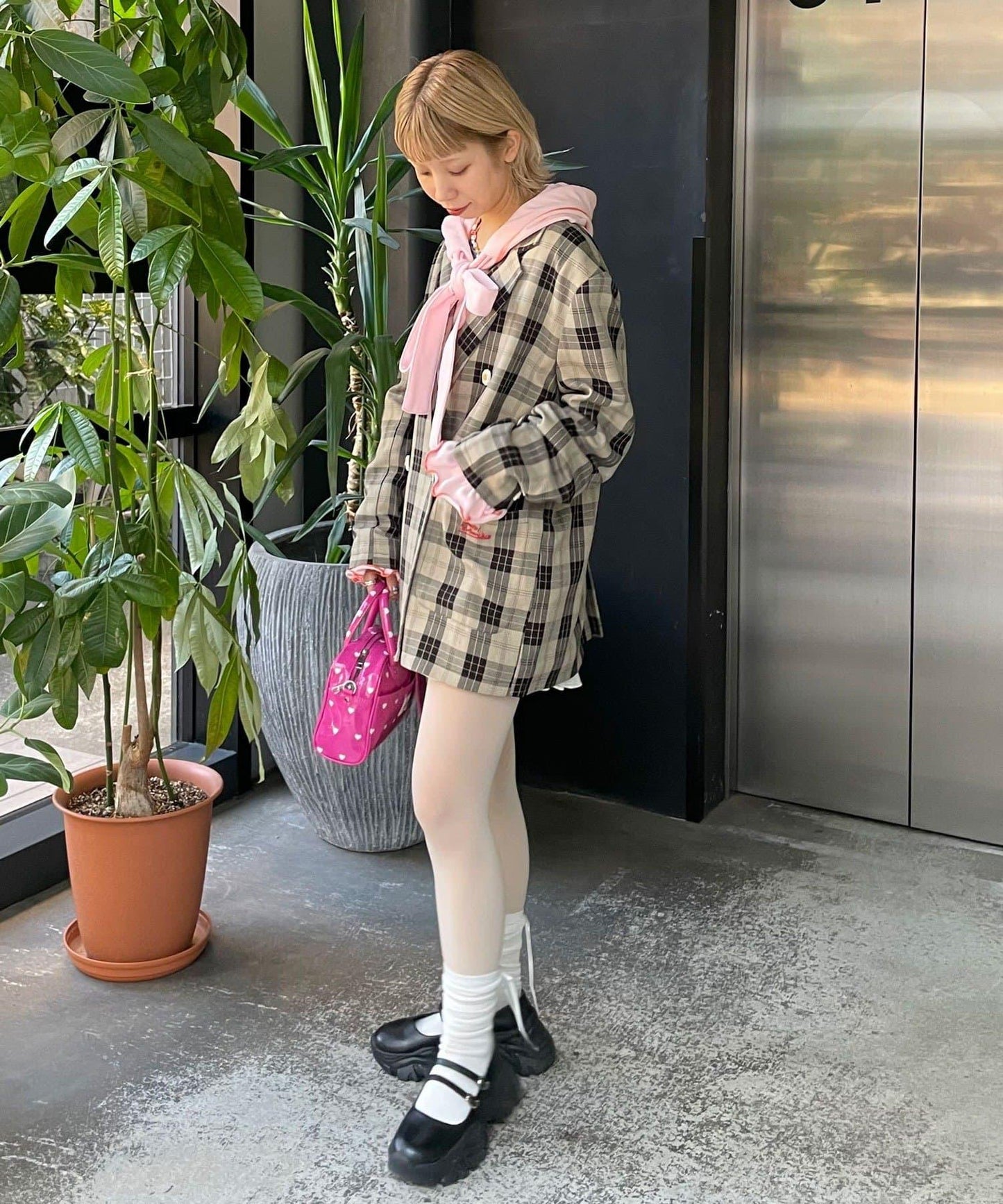 HELLO.SANFRANCISCO 花形紐扣格紋寬鬆夾克