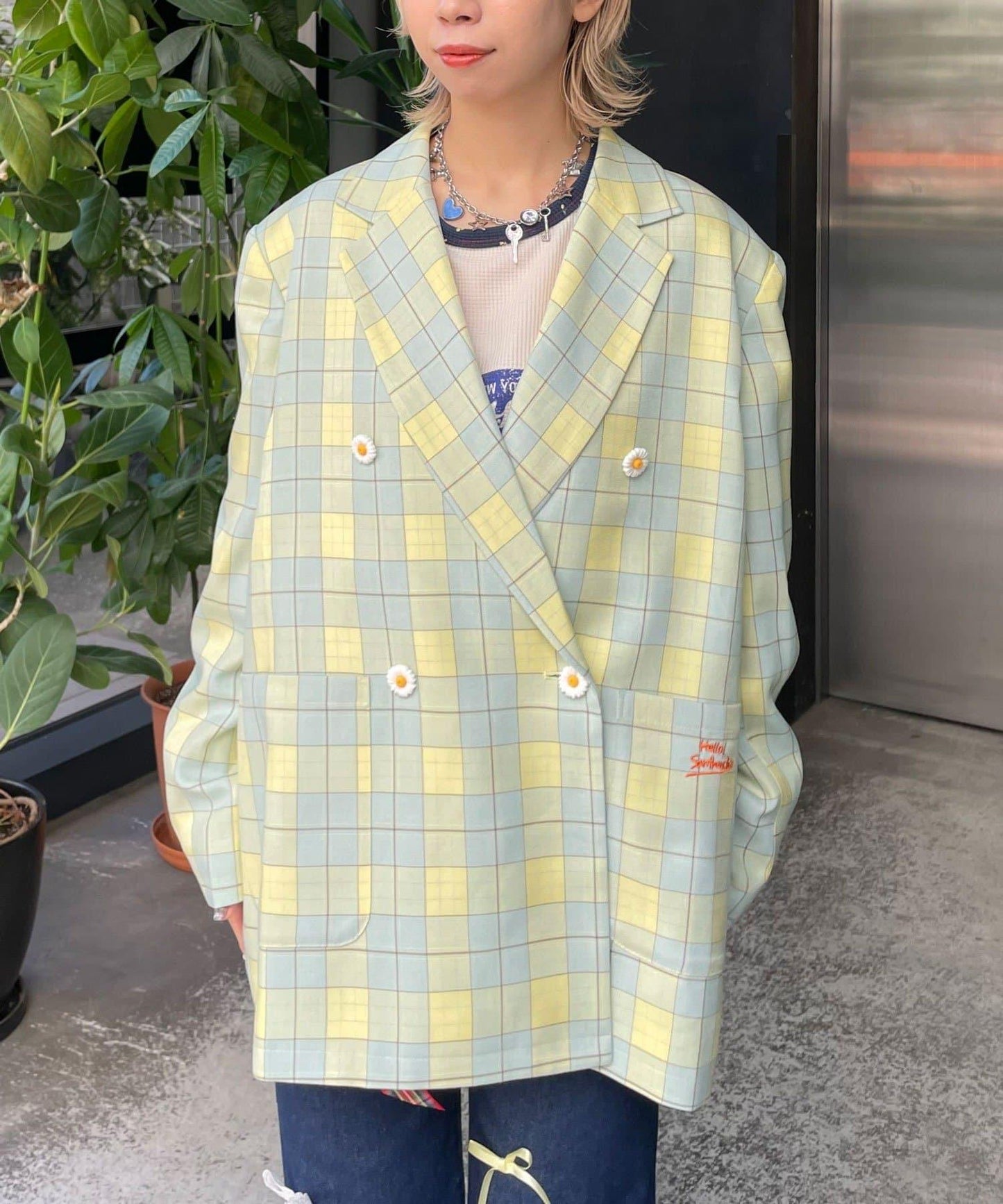 HELLO.SANFRANCISCO 花形紐扣格紋寬鬆夾克