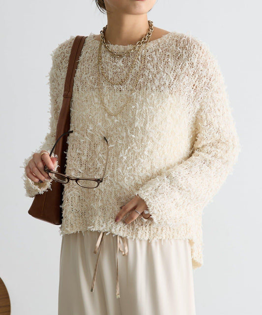 蝴蝶結網紗拼接針織上衣