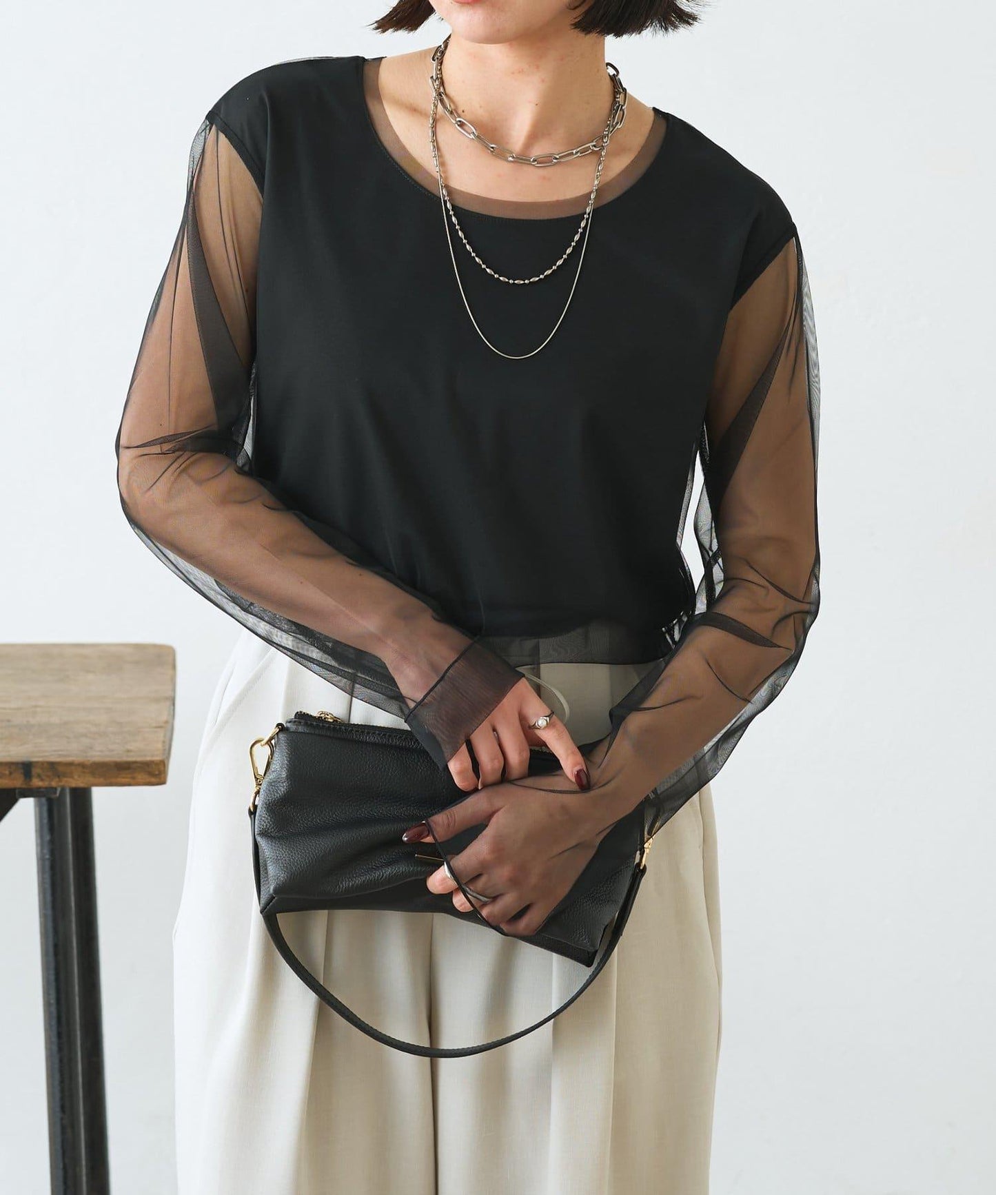 網紗拼接針織打底上衣