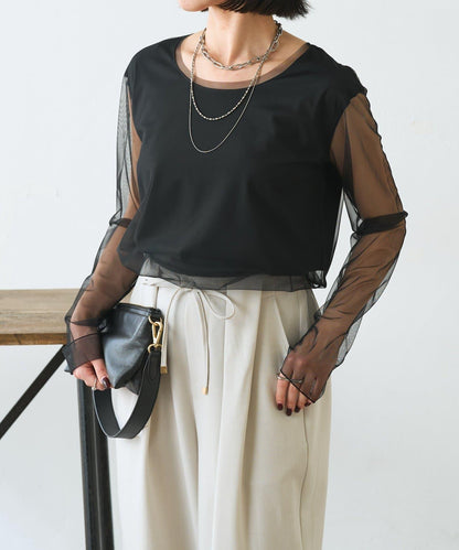 網紗拼接針織打底上衣