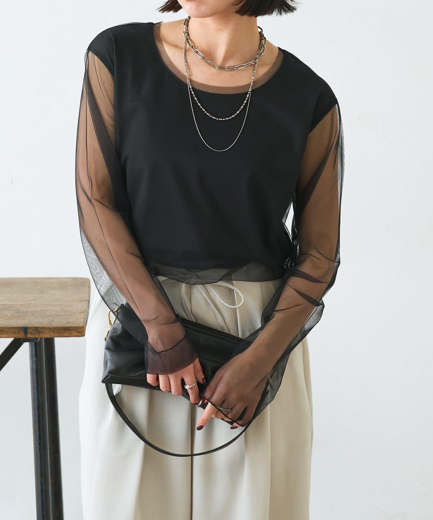 網紗拼接針織打底上衣