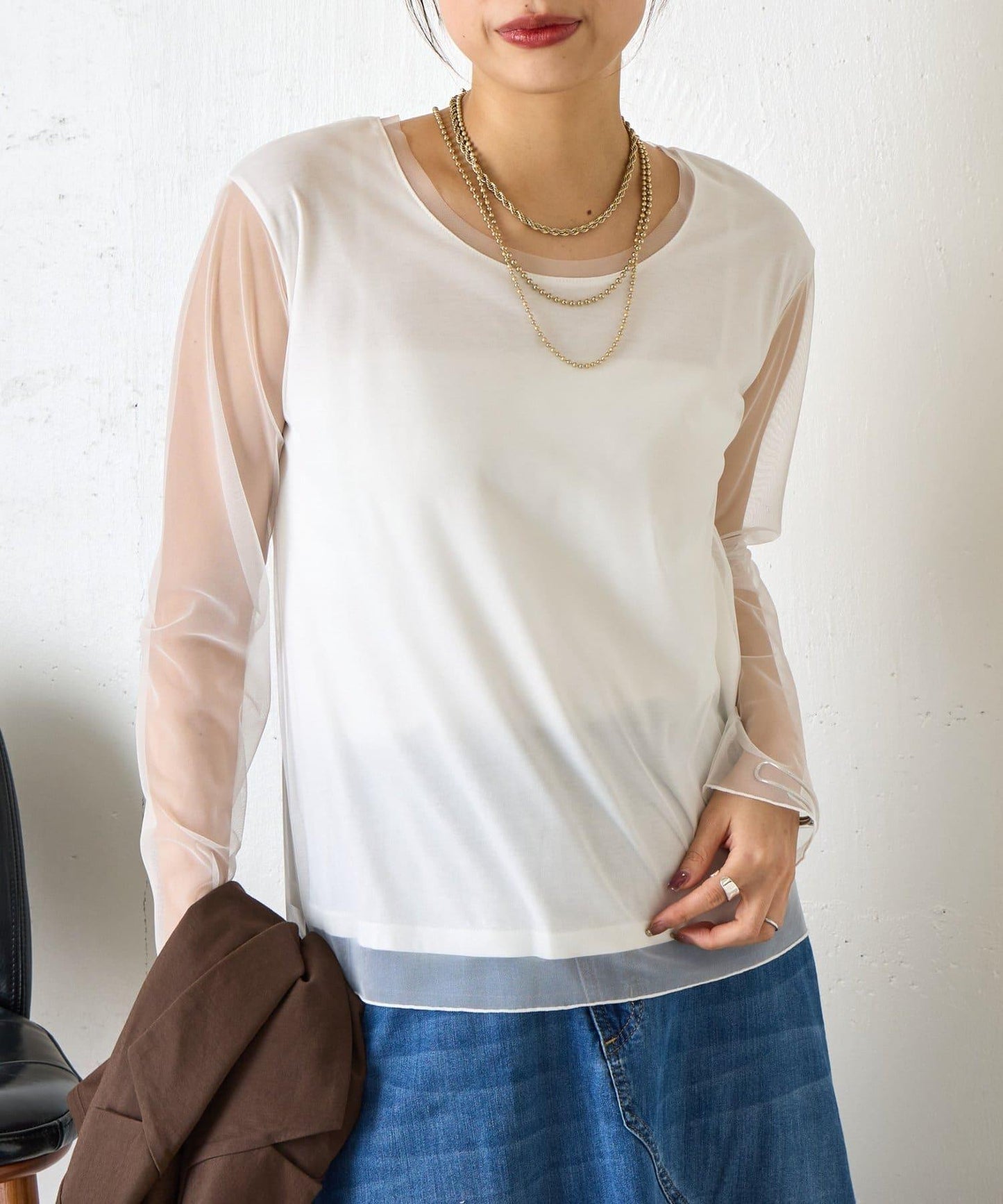 網紗拼接針織打底上衣