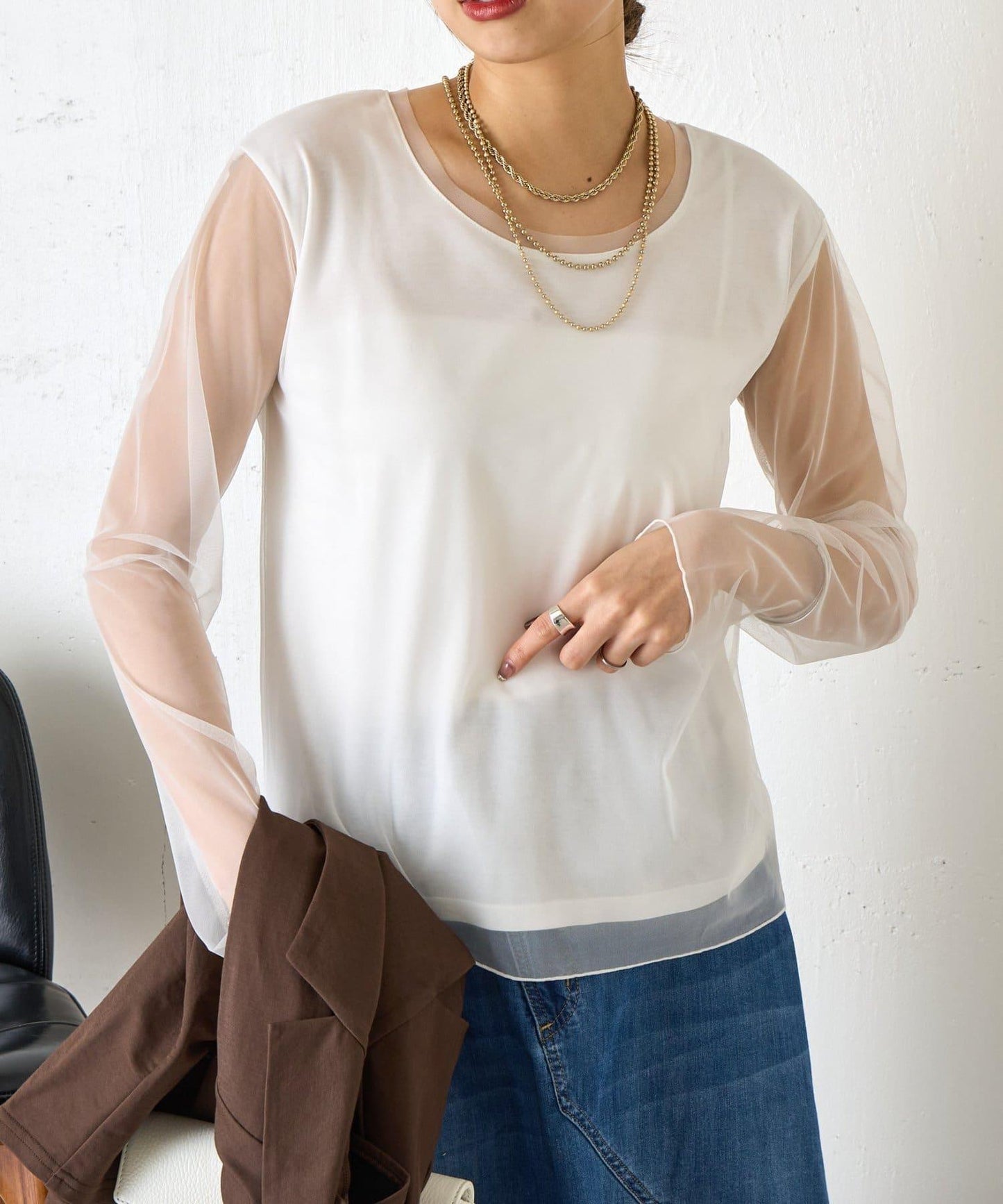 網紗拼接針織打底上衣