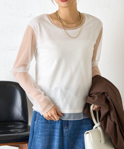 網紗拼接針織打底上衣