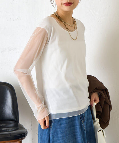 網紗拼接針織打底上衣