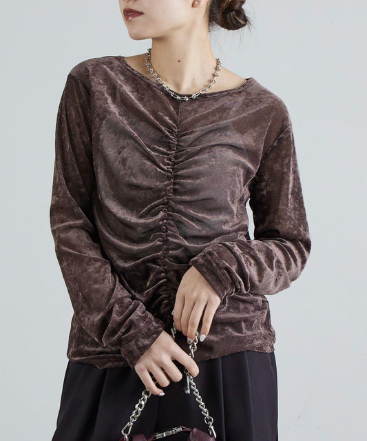 前抽褶天鵝絨套頭上衣