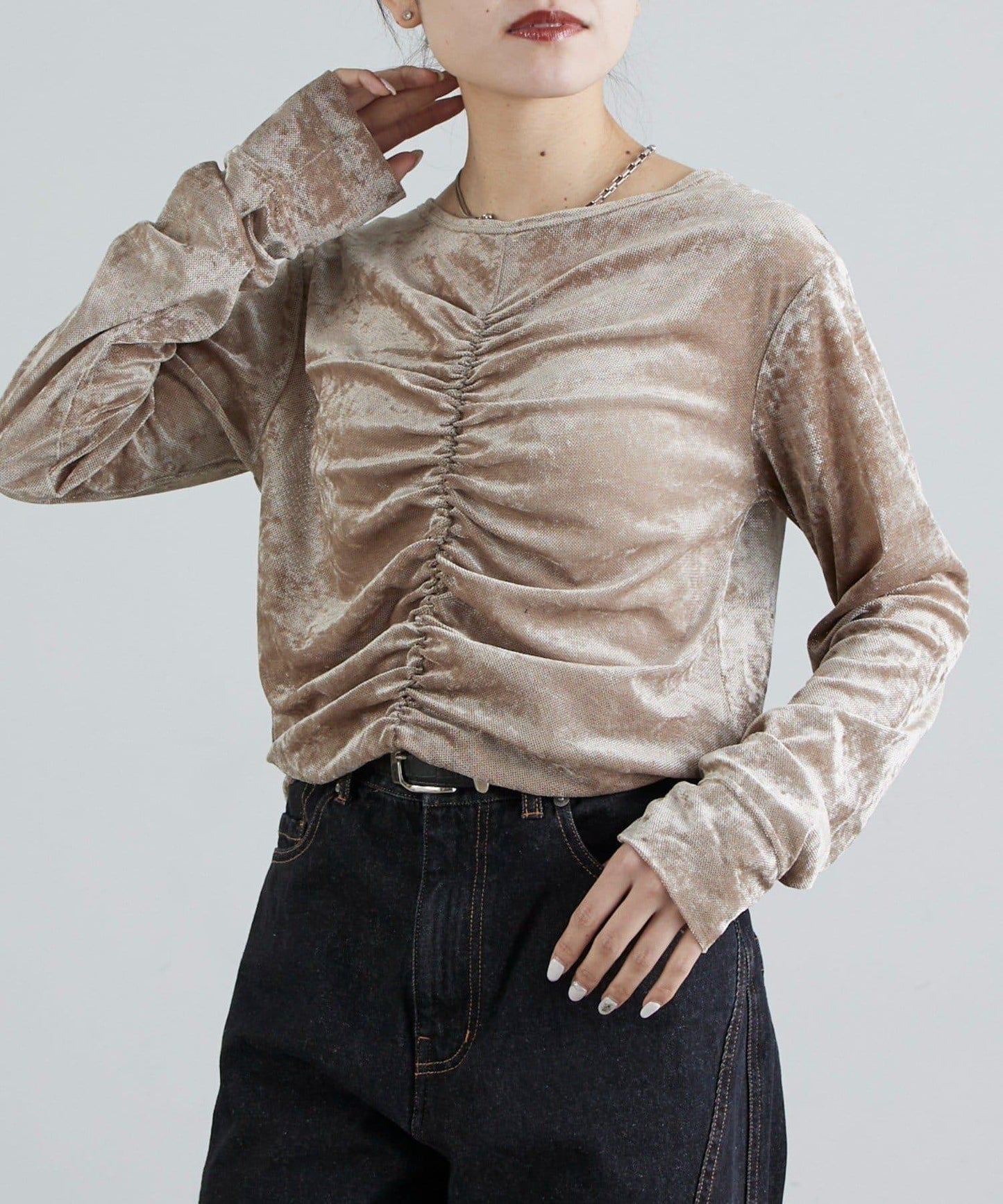 前抽褶天鵝絨套頭上衣