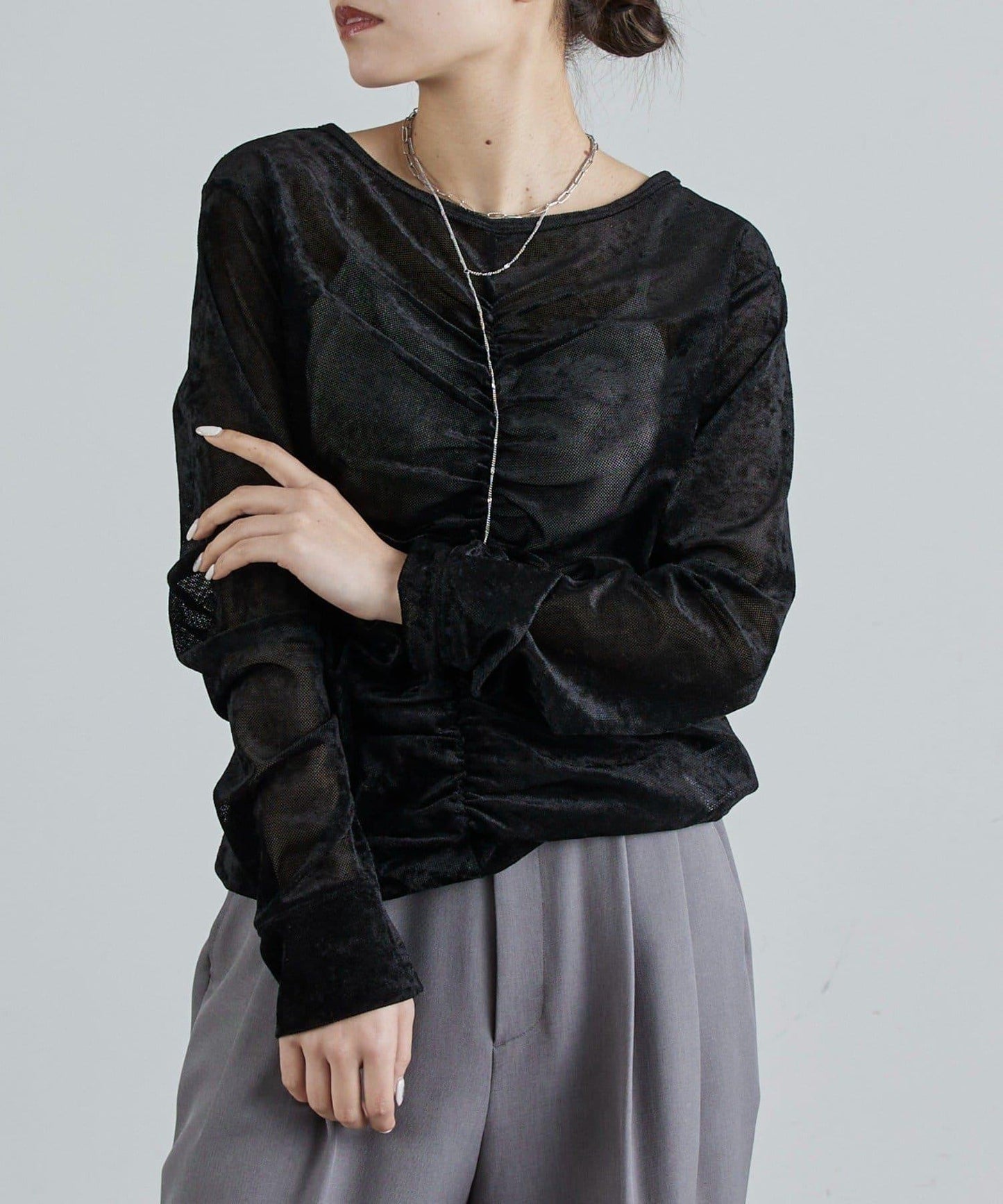 前抽褶天鵝絨套頭上衣