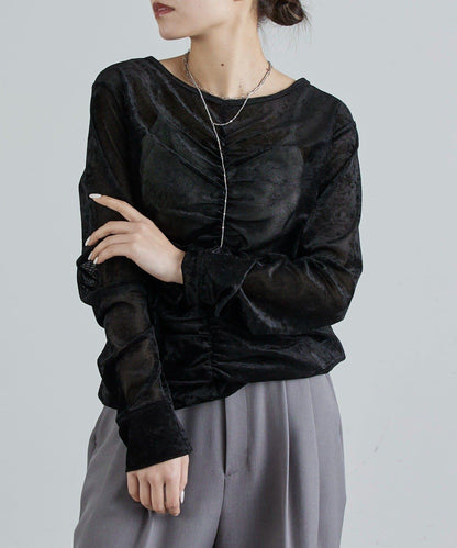 前抽褶天鵝絨套頭上衣