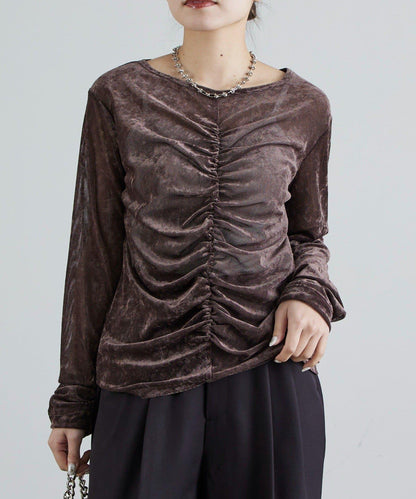 前抽褶天鵝絨套頭上衣
