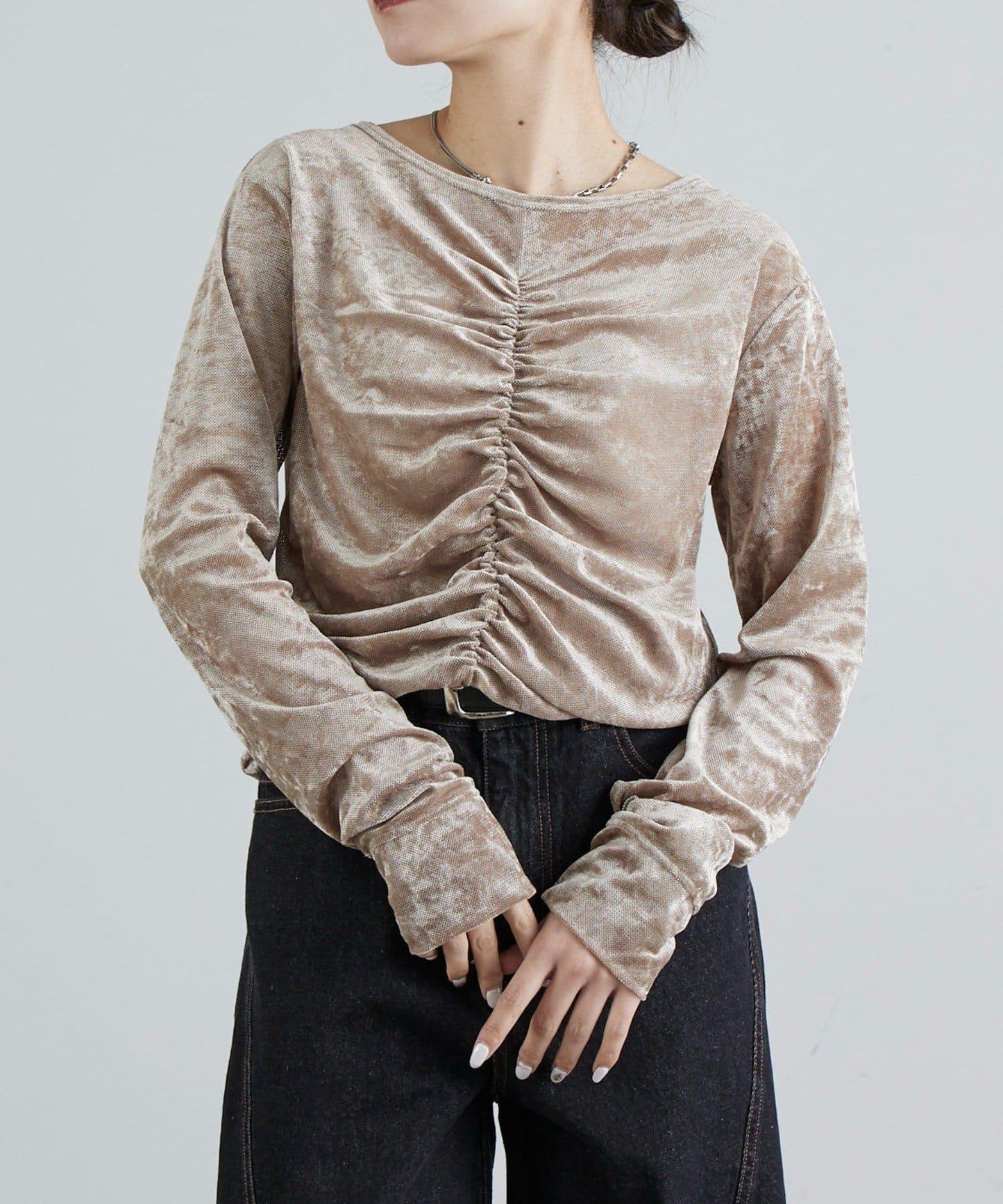 前抽褶天鵝絨套頭上衣