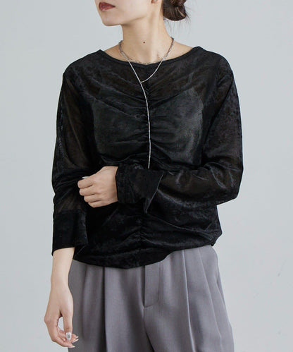 前抽褶天鵝絨套頭上衣