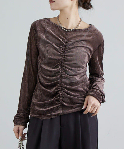前抽褶天鵝絨套頭上衣
