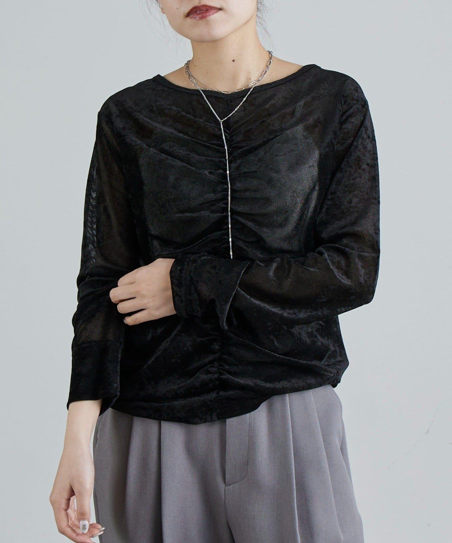 前抽褶天鵝絨套頭上衣